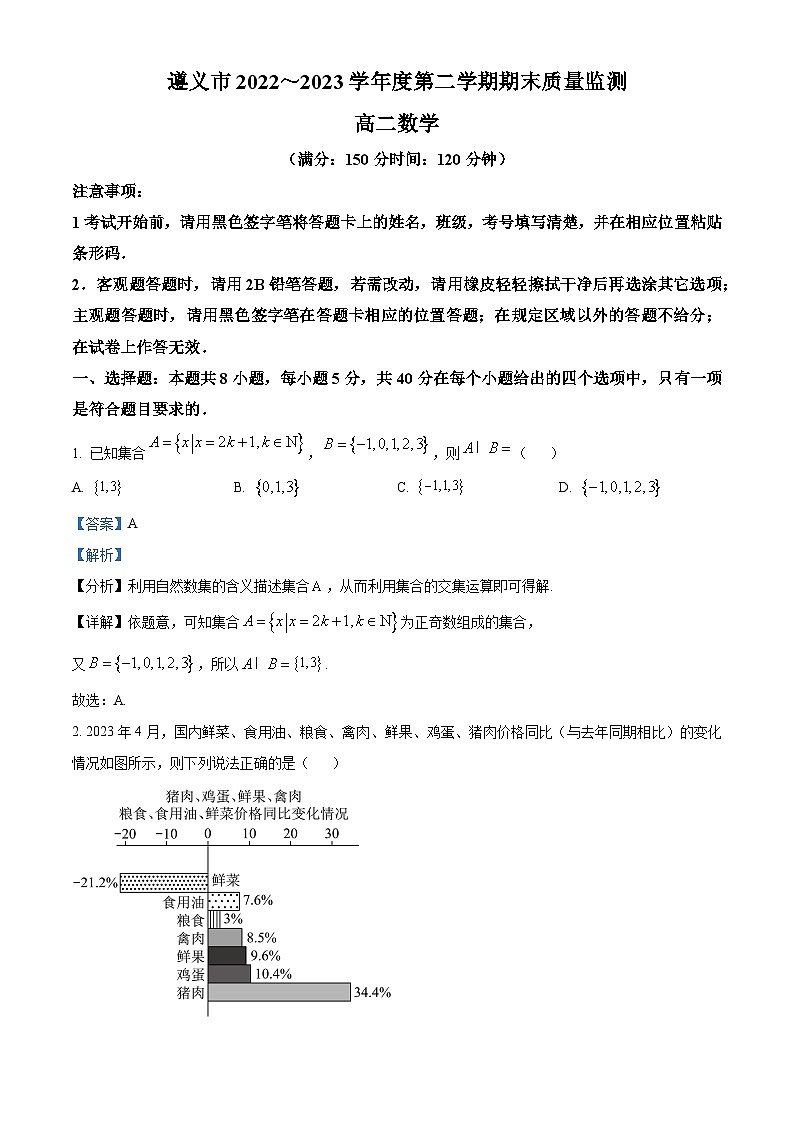 2023遵义高二下学期期末质量监测数学试题含解析01