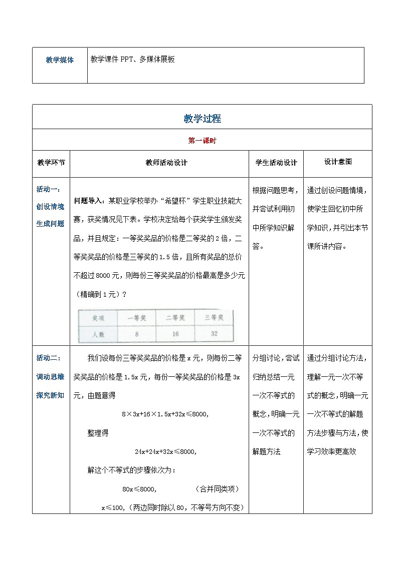 【中职专用】高中数学 人教版2021·基础模块上册  2.2.2一元一次不等式（组）的解法（教案）02
