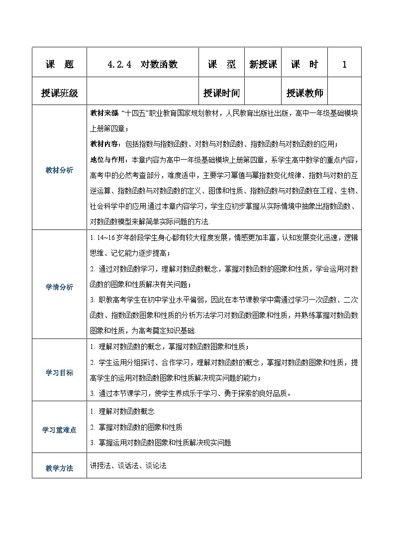 【中职专用】高中数学 人教版2021·基础模块上册  4.2.4对数函数（教案）01