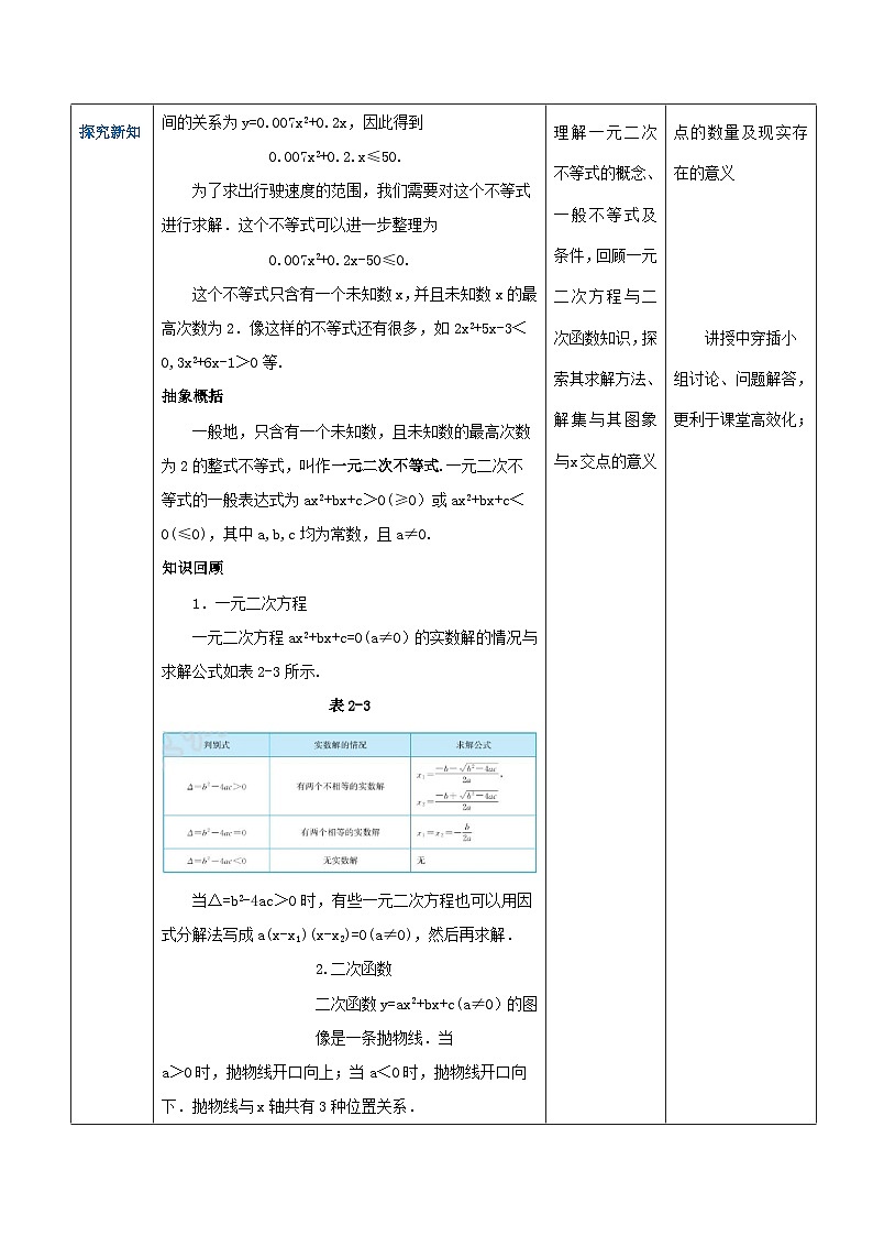 【中职专用】高中数学 （北师大版2021）基础模块上册2.3.1一元二次不等式的概念（教案）03