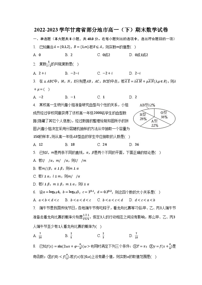 2022-2023学年甘肃省部分地市高一（下）期末数学试卷（含解析）第1页