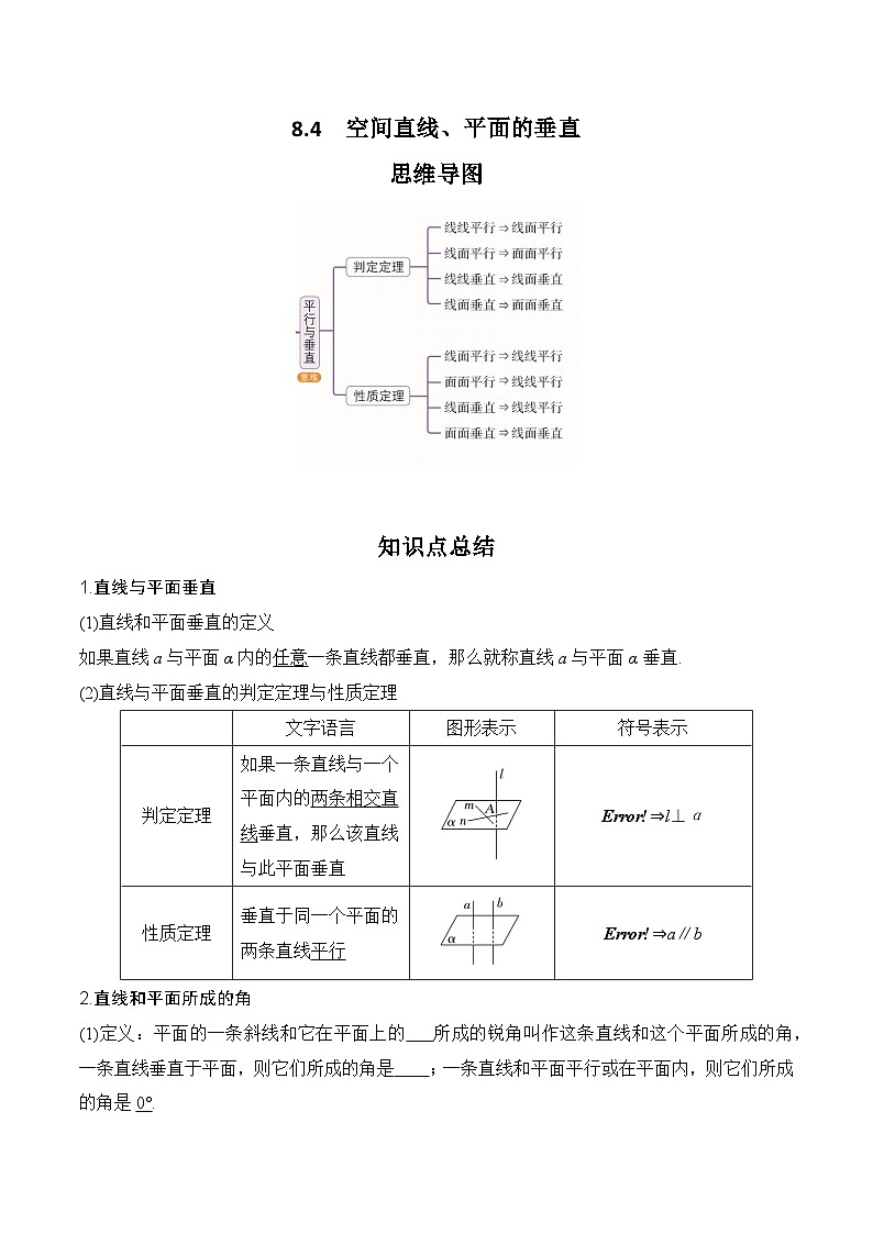 2024高考数学第一轮复习：8.4  空间直线、平面的垂直（原卷版）01