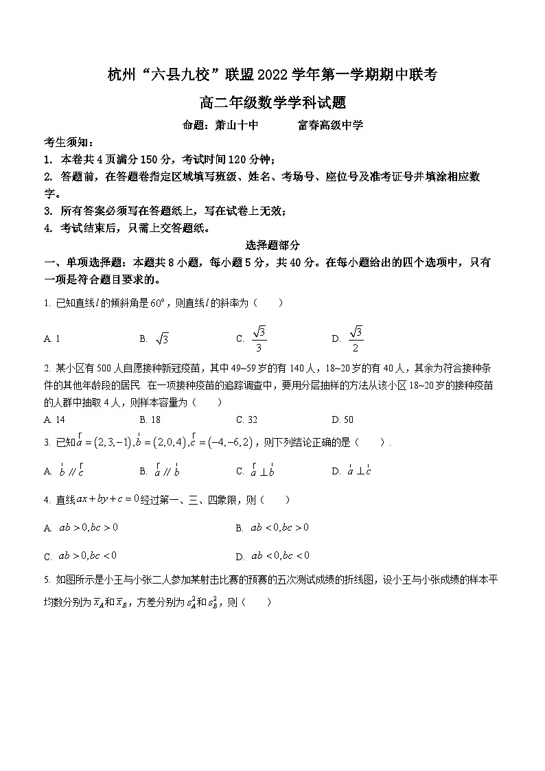 浙江省杭州市六县九校2022-2023学年高二数学上学期期中试题（Word版附答案）第1页