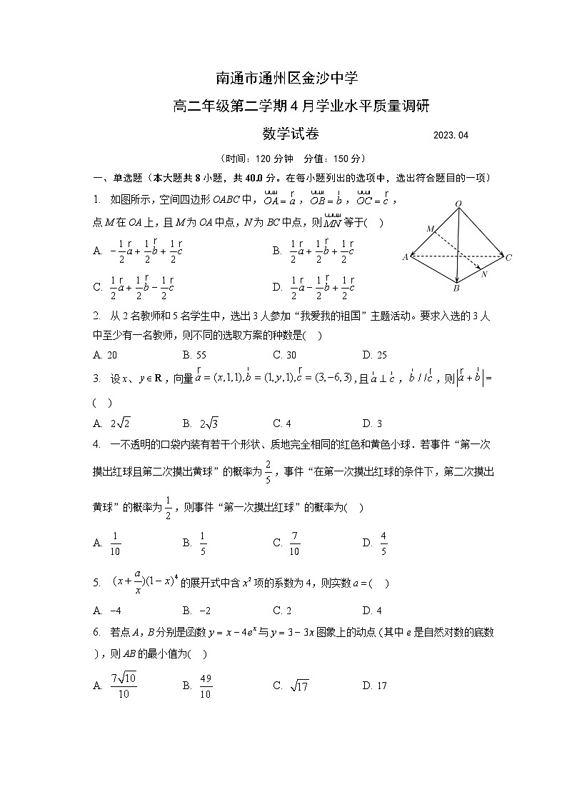 江苏省南通市通州区金沙中学2022-2023学年高二下学期4月学业水平质量调研数学试卷01