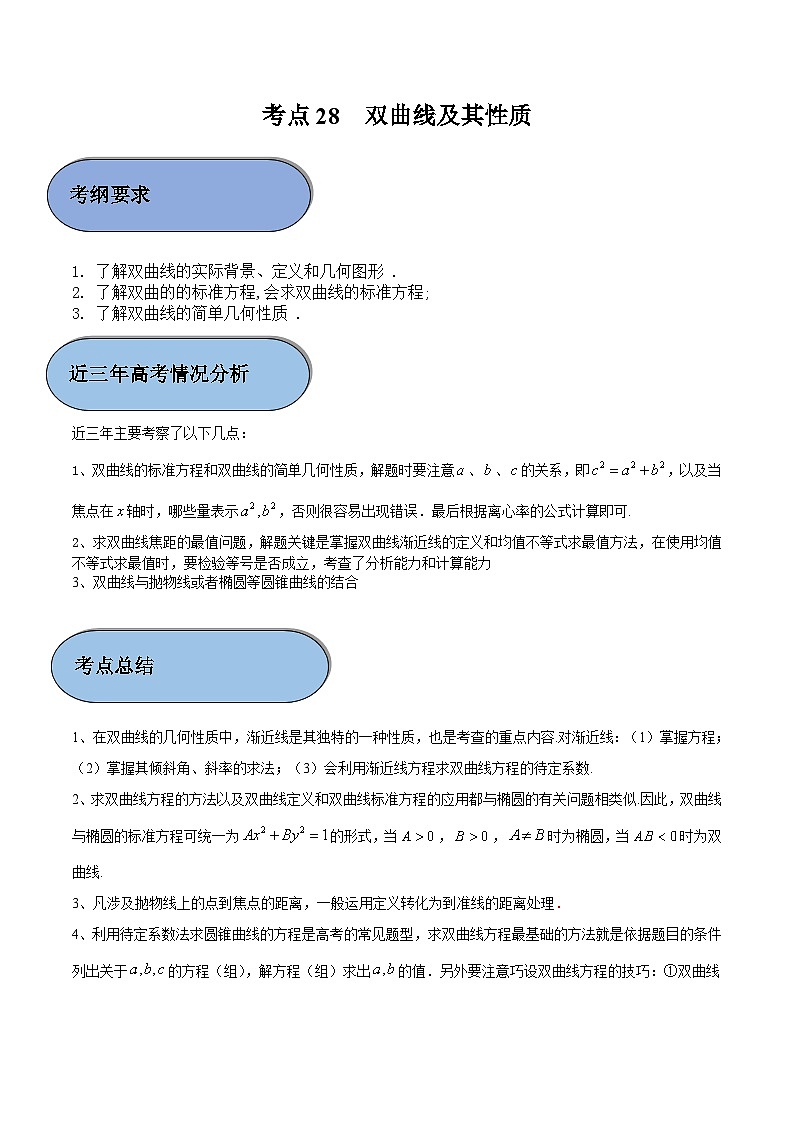 考点28 双曲线及其性质（原卷版）第1页