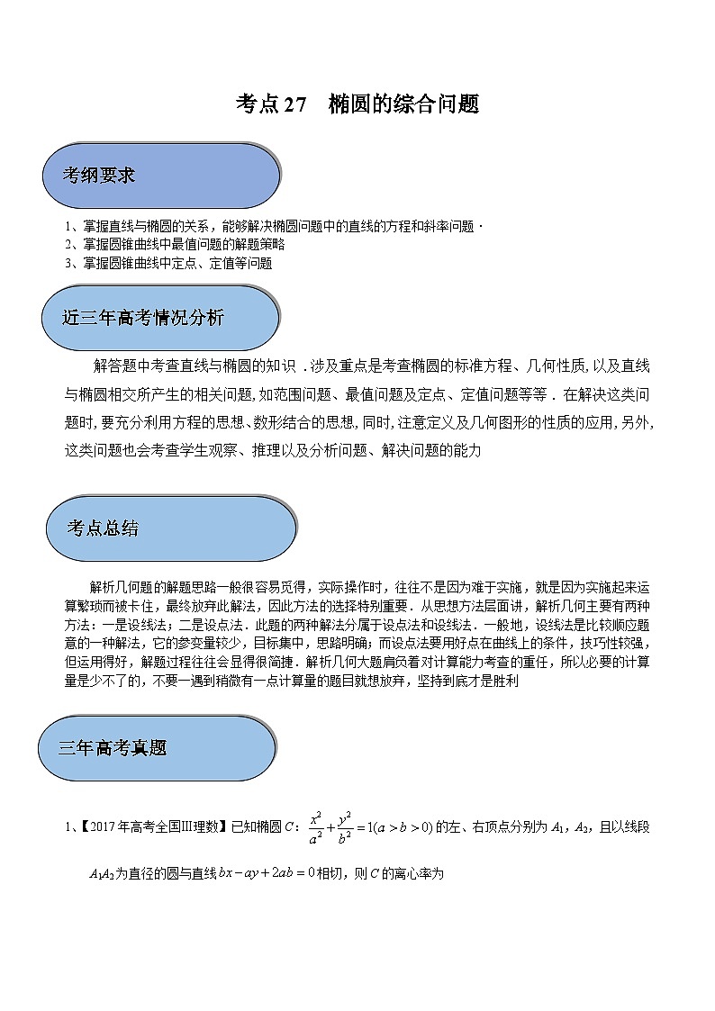 考点27 椭圆的综合问题 （原卷版）第1页