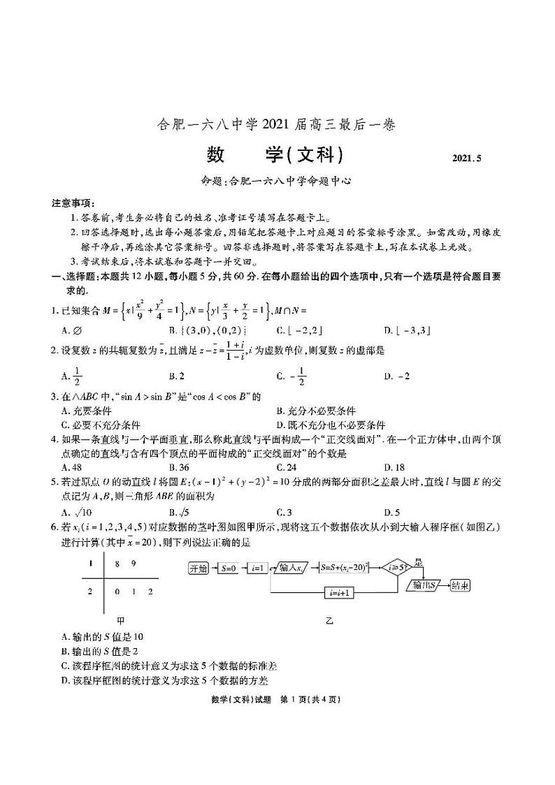 安徽省合肥一六八中学2021届高三最后一卷文科数学【试卷+答案】第1页