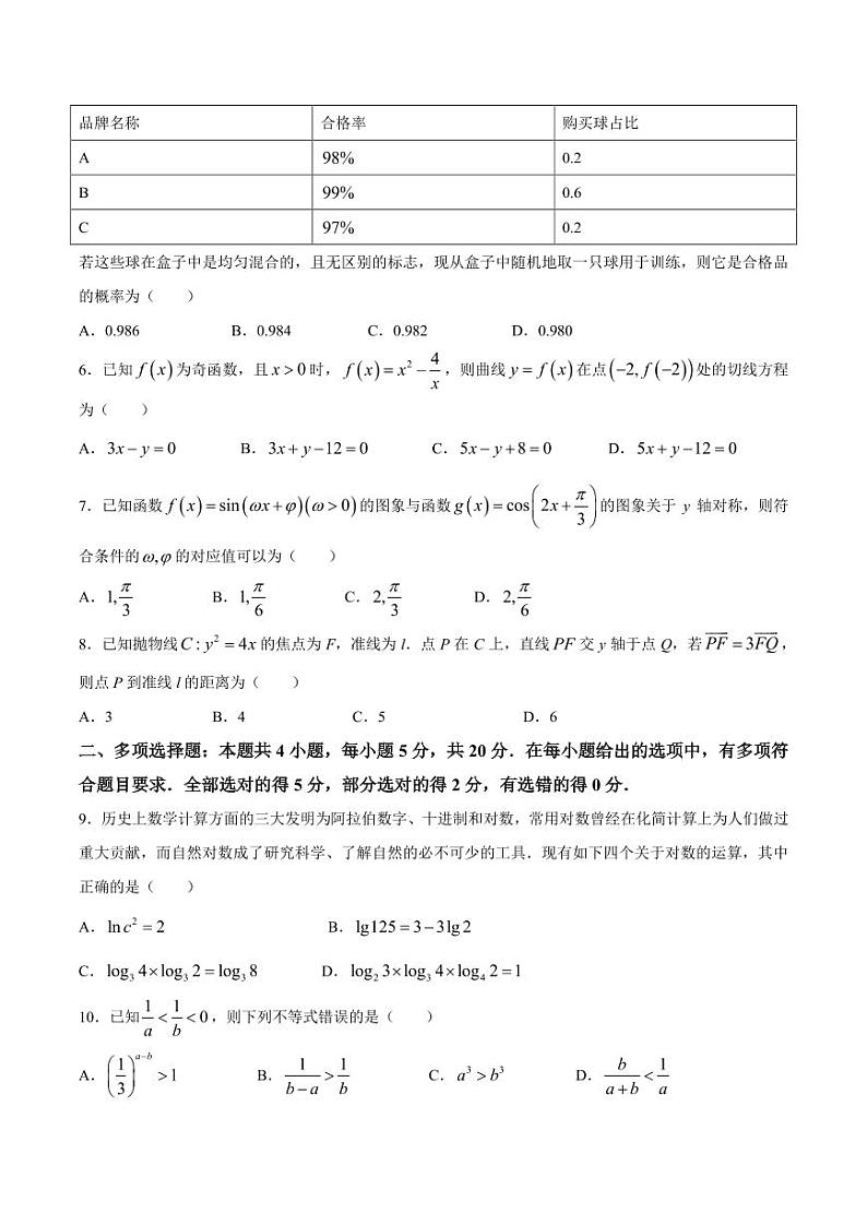 广东省茂名市2021届五校联盟高三下学期第三次联考数学试题第2页