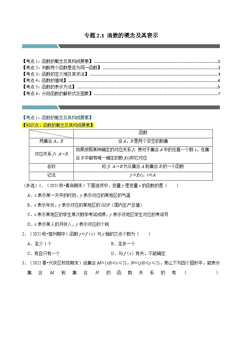 专题2.1 函数的概念及其表示（6类必考点）（北师大版2019必修第一册）（原卷版）第1页