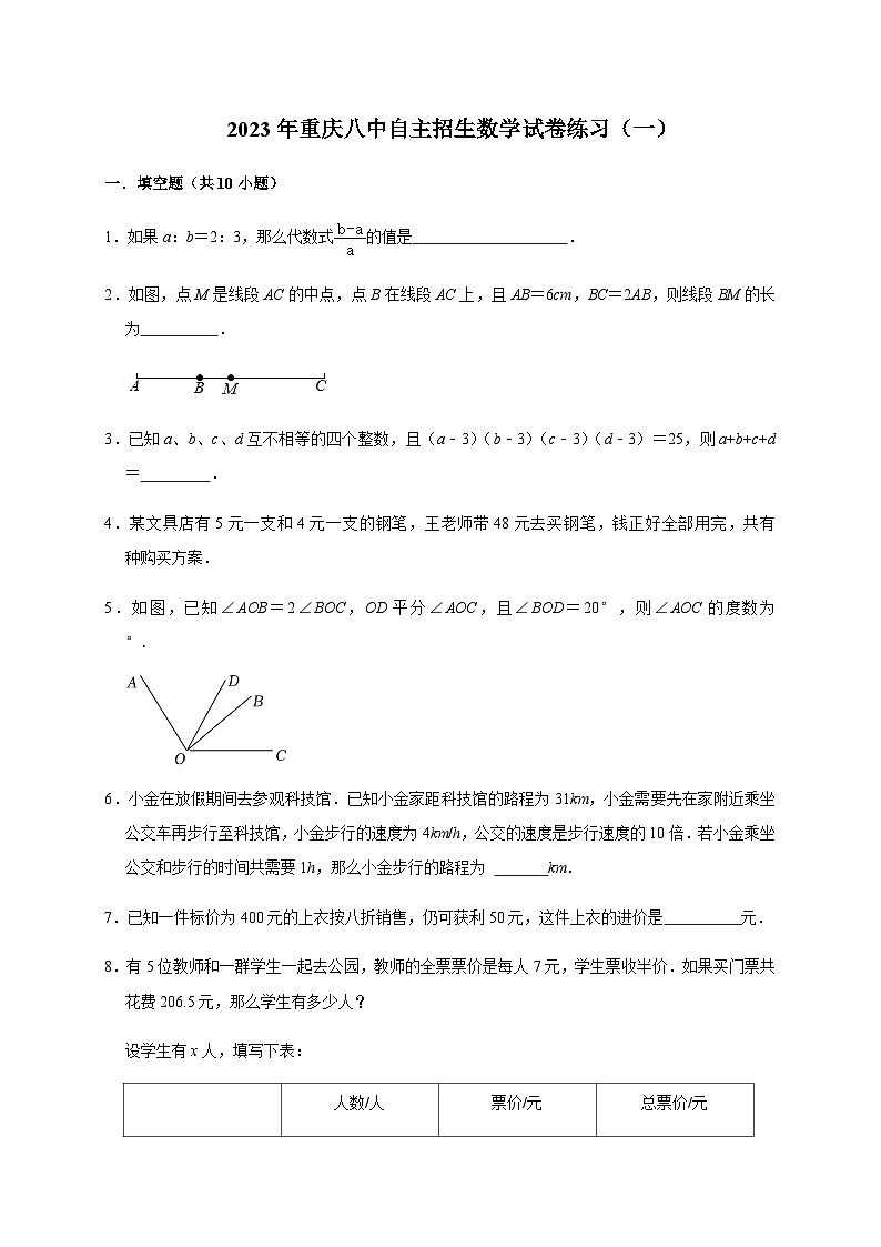2023年重庆市第八中学自主招生数学试卷练习（一）Word版含解析第1页