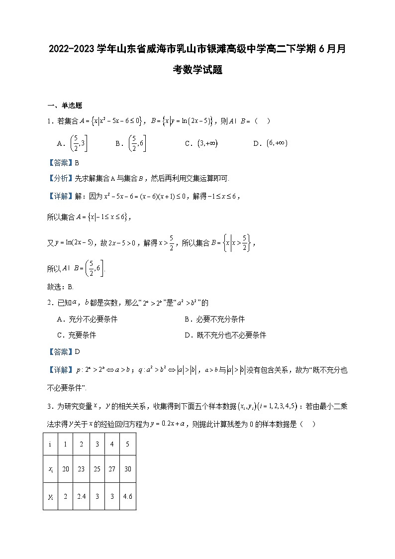 2022-2023学年山东省威海市乳山市银滩高级中学高二下学期6月月考数学试题含答案第1页