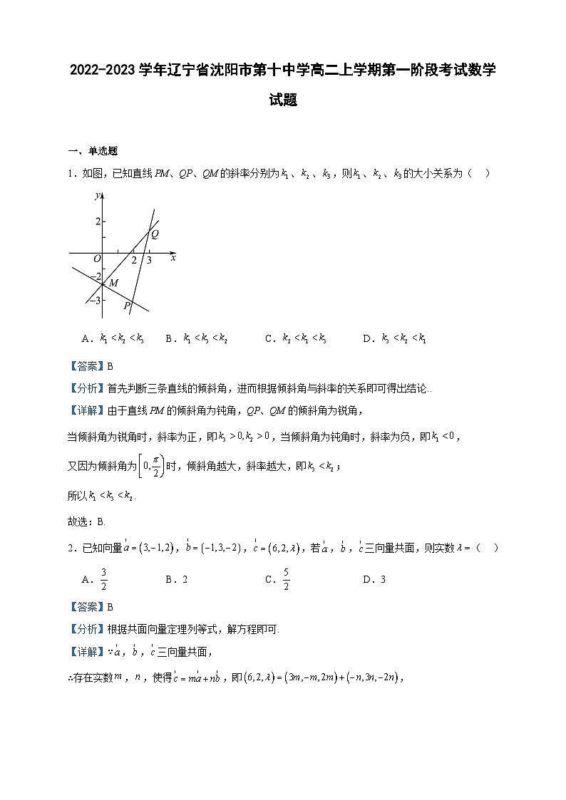 2022-2023学年辽宁省沈阳市第十中学高二上学期第一阶段考试数学试题含答案01