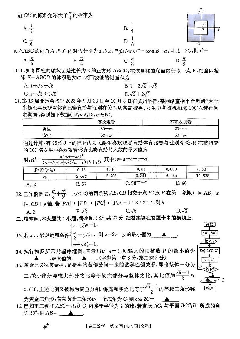 陕西省、青海省部分学校2024届高三上学期9月联考数学（文科）试题第2页