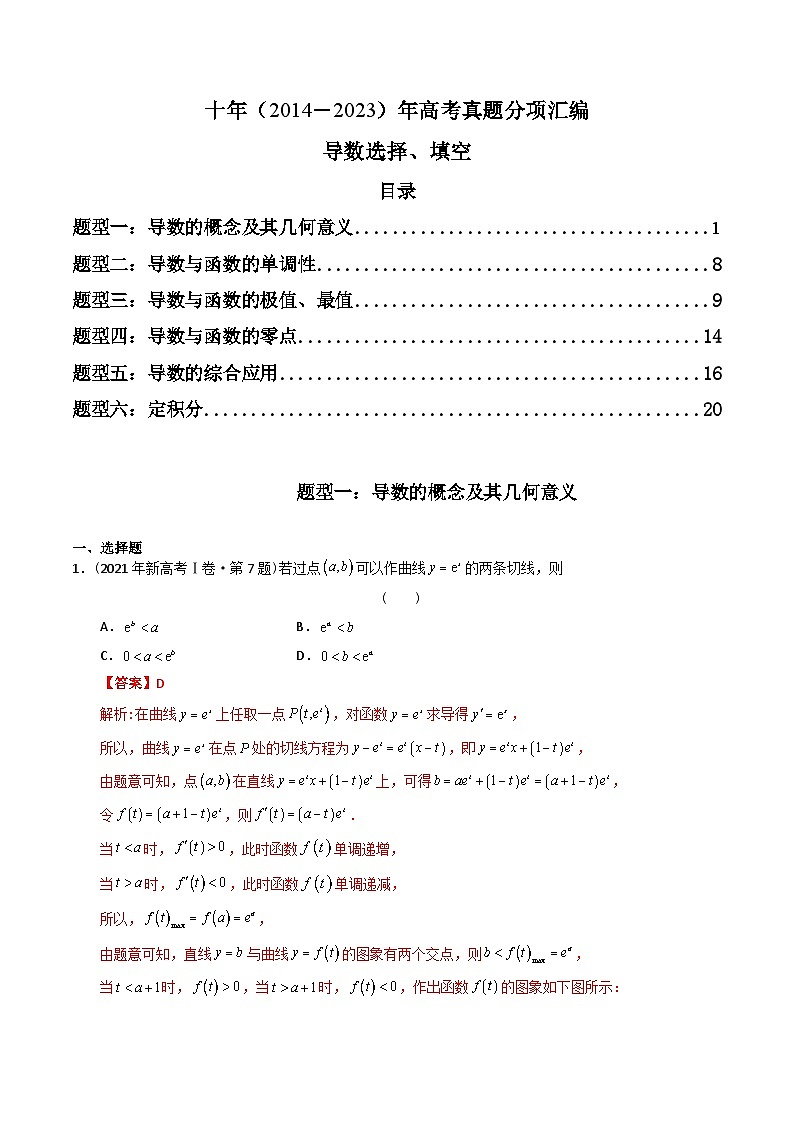 十年高考数学真题分项汇编（2014-2023）（理科）专题05导数选择、填空（理科）（Word版附解析）01
