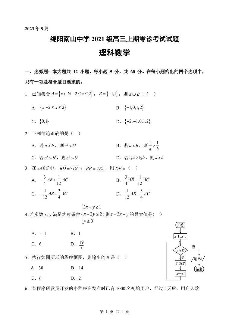 四川省绵阳南山中学2024届高三上学期零诊考试（9月） 数学（理）  PDF版含答案01