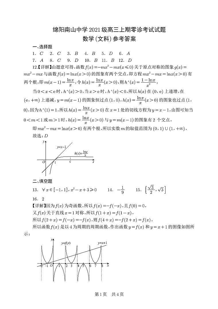 四川省绵阳南山中学2024届高三上学期零诊考试（9月） 数学（文）  PDF版含答案01