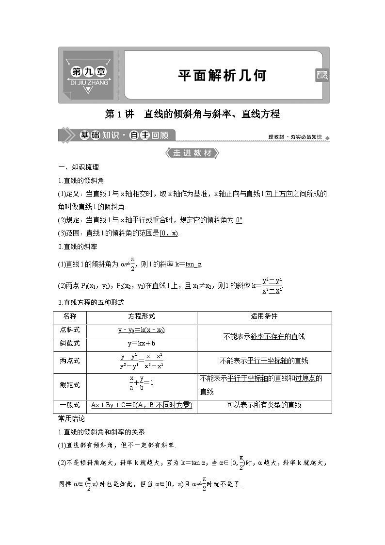 (新高考)高考数学一轮复习讲练测 第9章 第1讲　直线的倾斜角与斜率、直线方程 (2份打包，原卷版+教师版)01