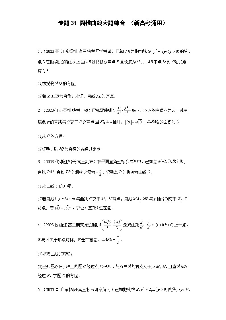 备战2024年新高考数学专题训练专题31 圆锥曲线大题综合（新高考通用）01