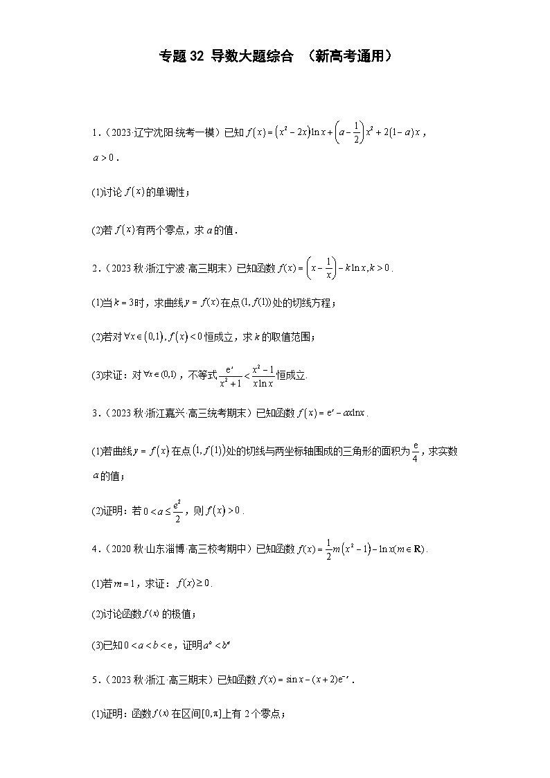 备战2024年新高考数学专题训练专题32 导数大题综合（新高考通用）01