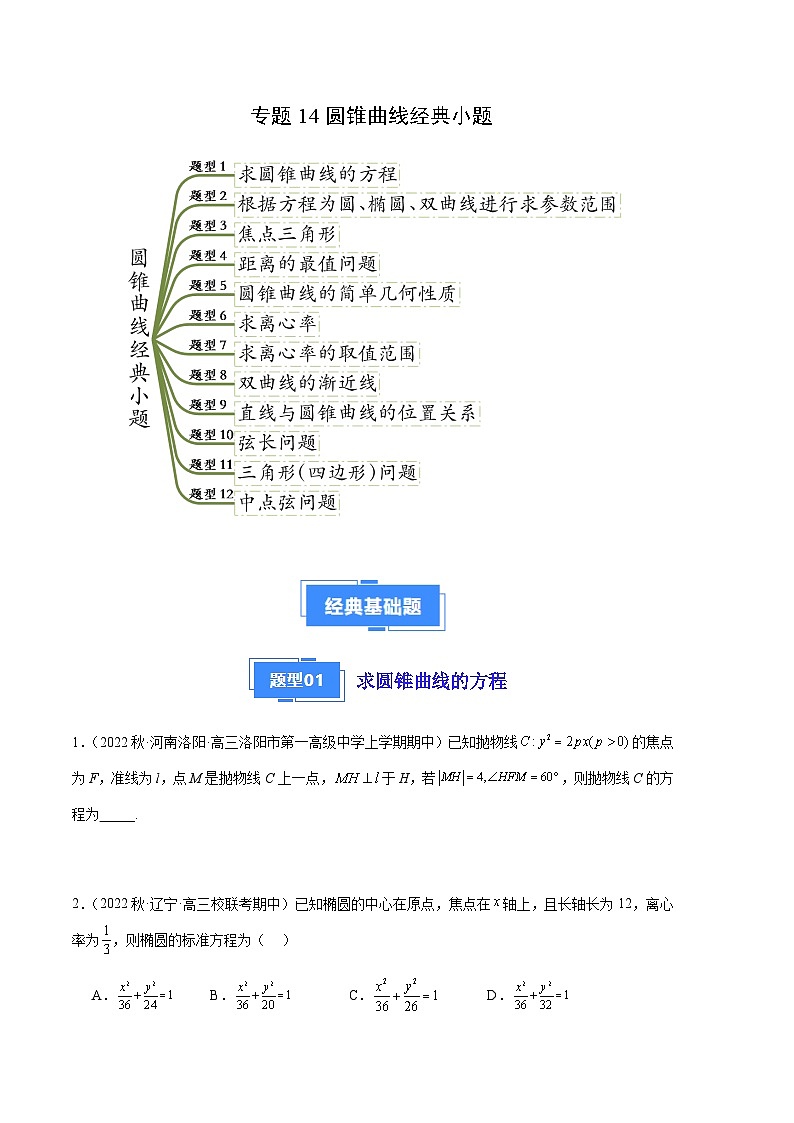 专题14 圆锥曲线经典小题（十二大题型）-备战2023-2024学年高三数学上学期期中真题分类汇编（全国通用）01