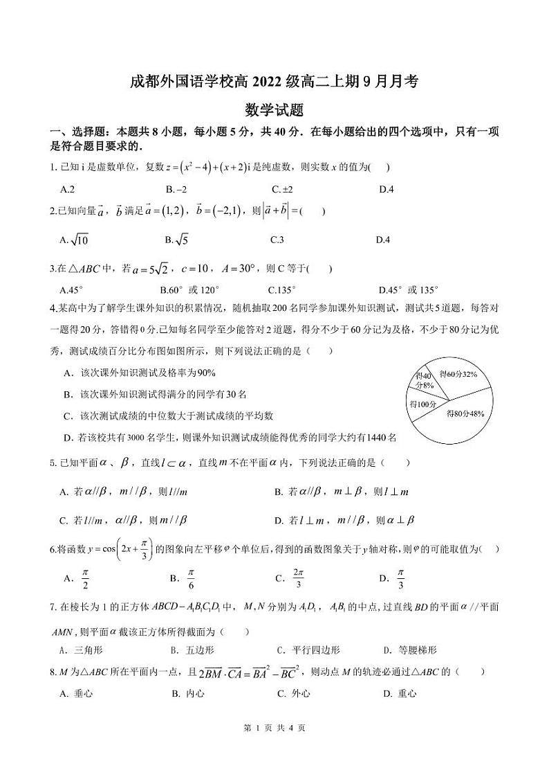 成都外国语学校高2022级高二上期9月月考2(数学试题)第1页