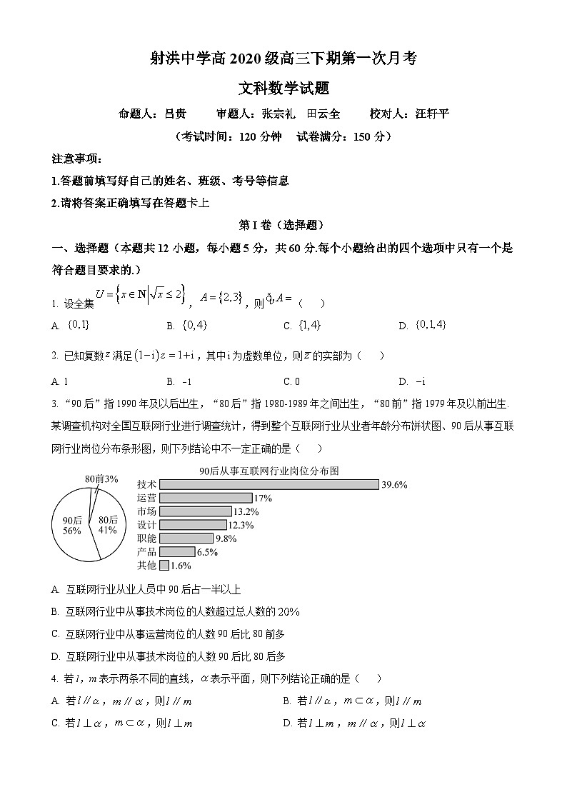 2023四川省射洪中学高三下学期第一次月考数学（文）试题含解析01