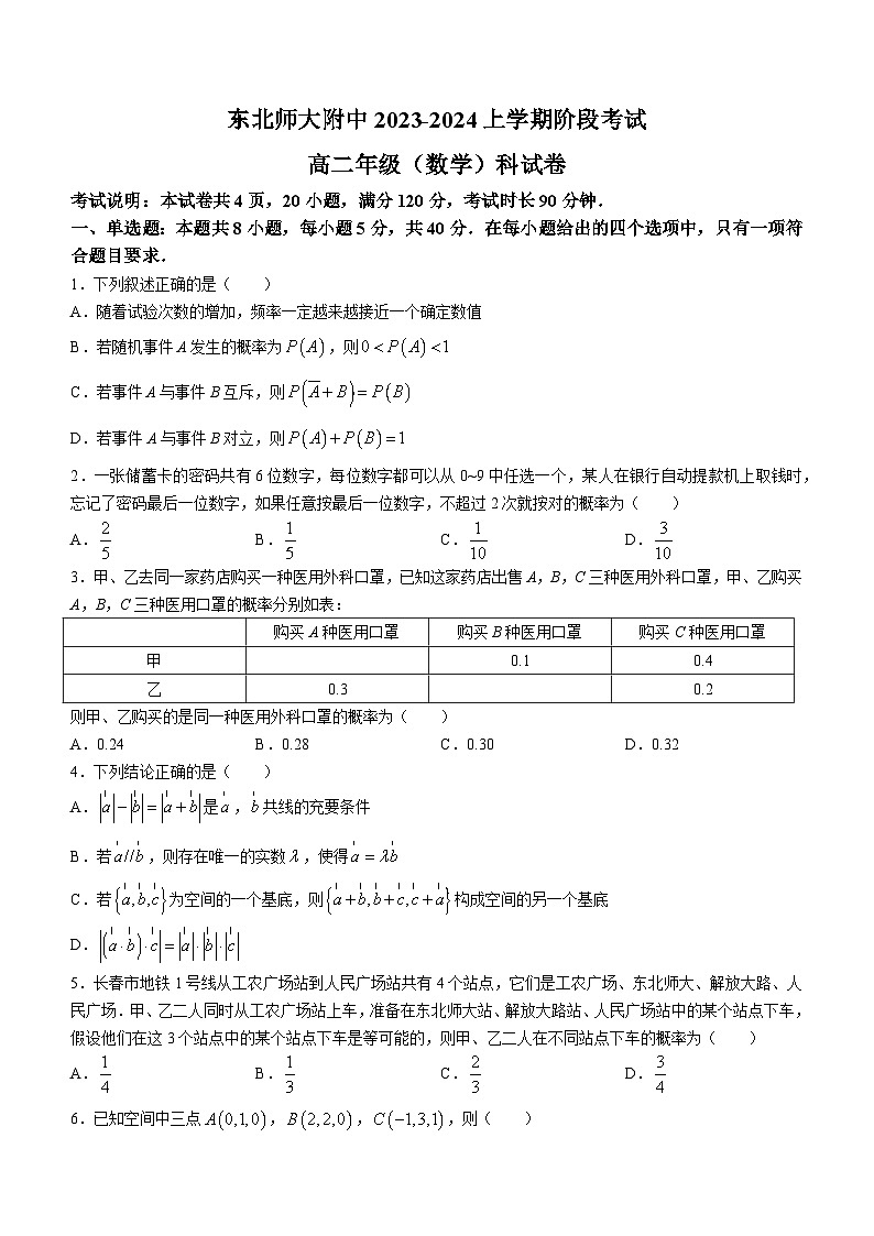 吉林省长春市东北师范大学附属中学2023-2024学年高二上学期9月月考数学试题第1页