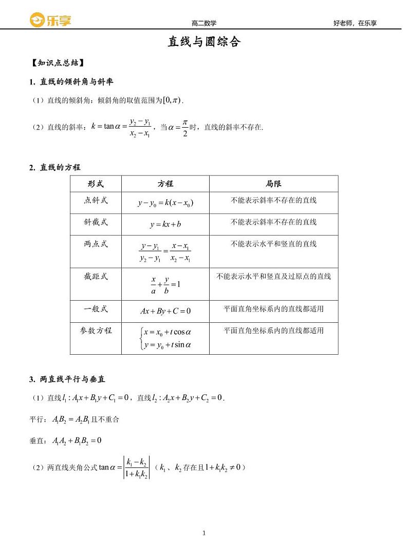 高考数学二轮专题复习——直线与圆综合01