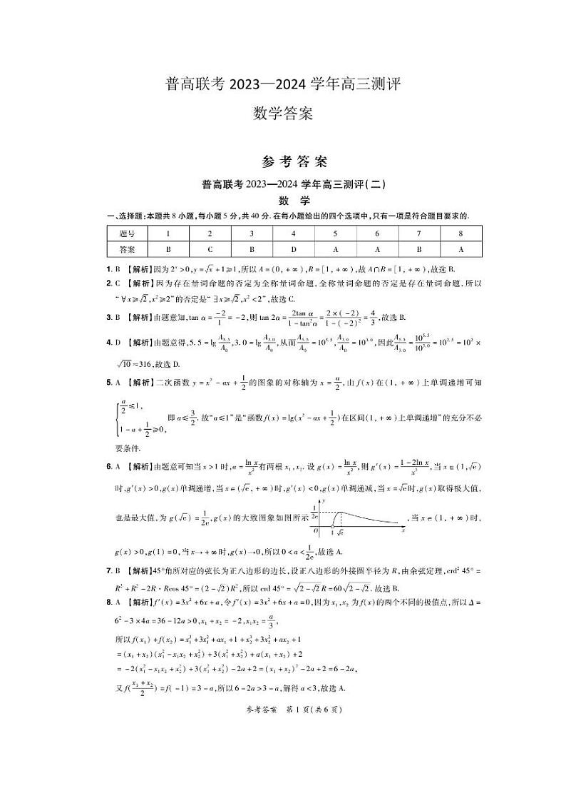 2024河南省普高联考高三上学期9月测评（二）数学PDF版含解析01