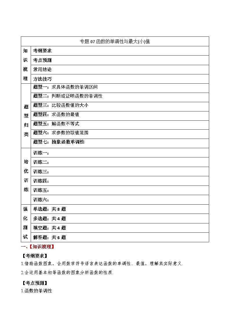 2024年新高考数学一轮复习题型归类与强化测试专题07函数的单调性与最大(小)值（Word版附解析）01