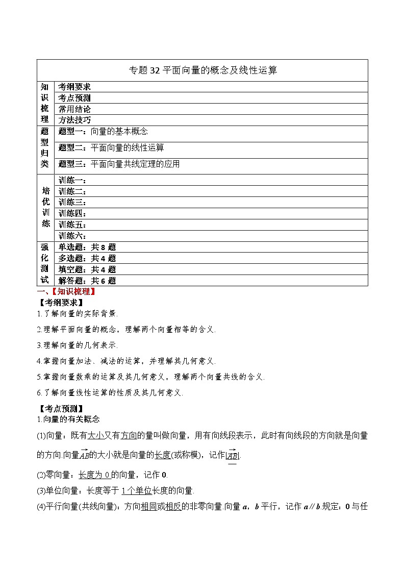 2024年新高考数学一轮复习题型归类与强化测试专题32平面向量的概念及线性运算（Word版附解析）第1页