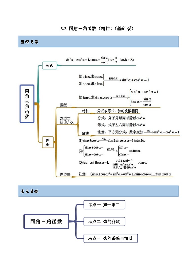 新高考数学一轮复习基础巩固3.2 同角三角函数（精讲）（含解析）第1页