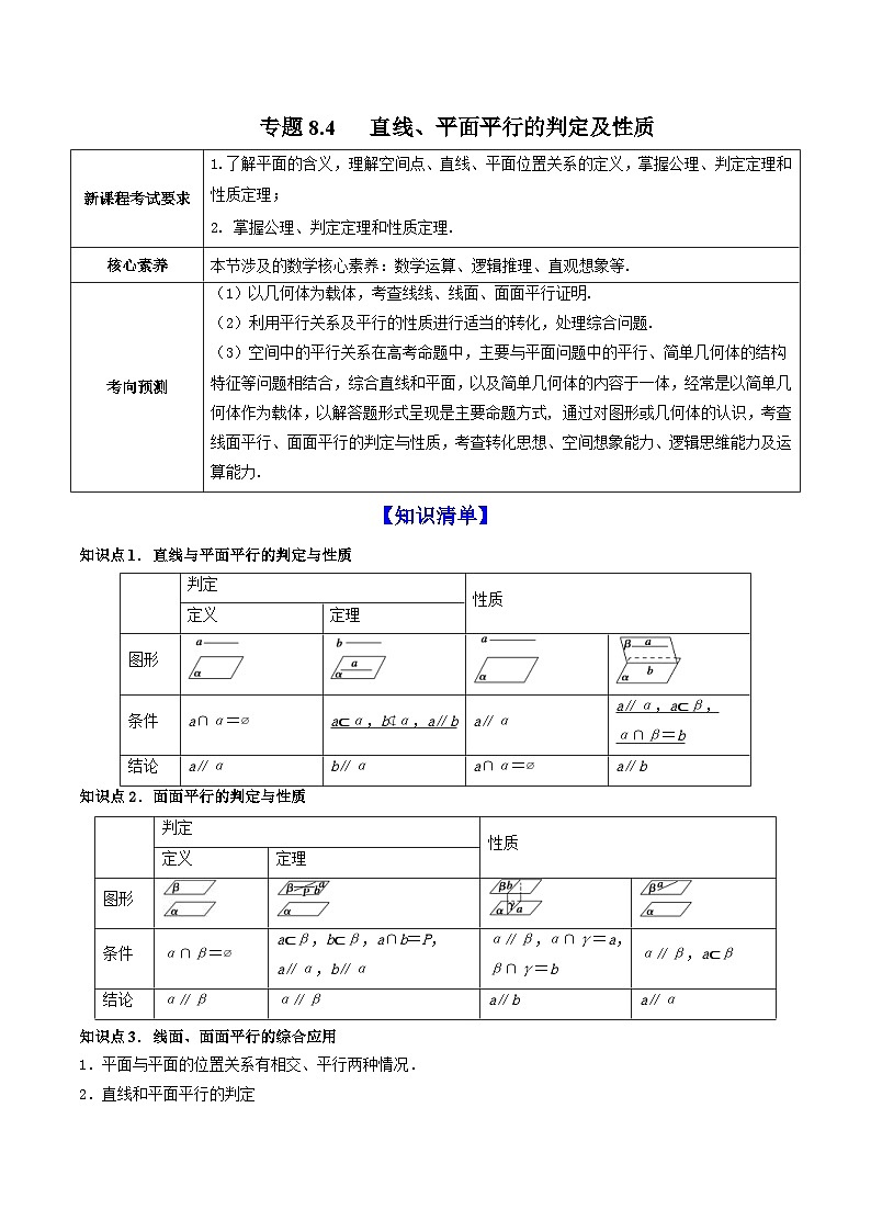 新高考数学一轮复习讲练测专题8.4直线、平面平行的判定及性质（讲）（含解析）第1页