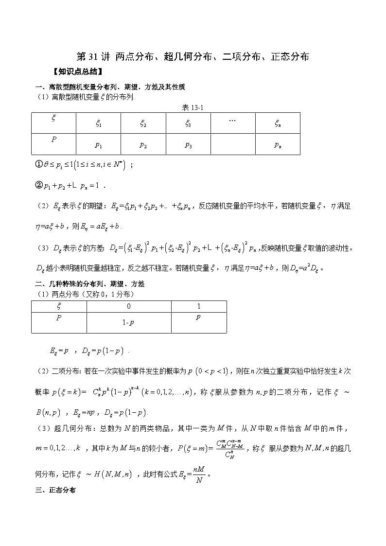 新高考数学一轮复习精品教案第31讲 两点分布、超几何分布、二项分布、正态分布（含解析）第1页