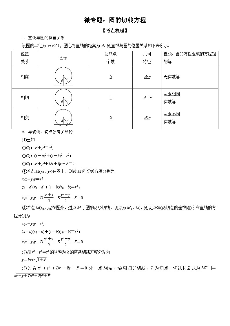 新高考数学一轮复习考点精讲讲练学案 圆的切线方程（含解析）01