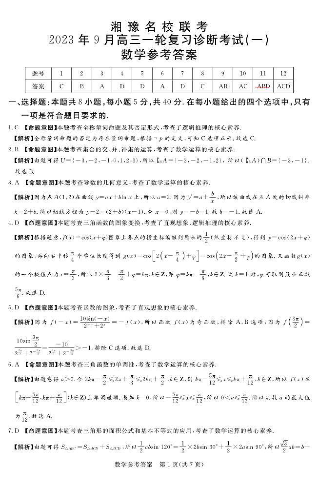 2023.9月湘豫名校联考高三数学参考答案第1页