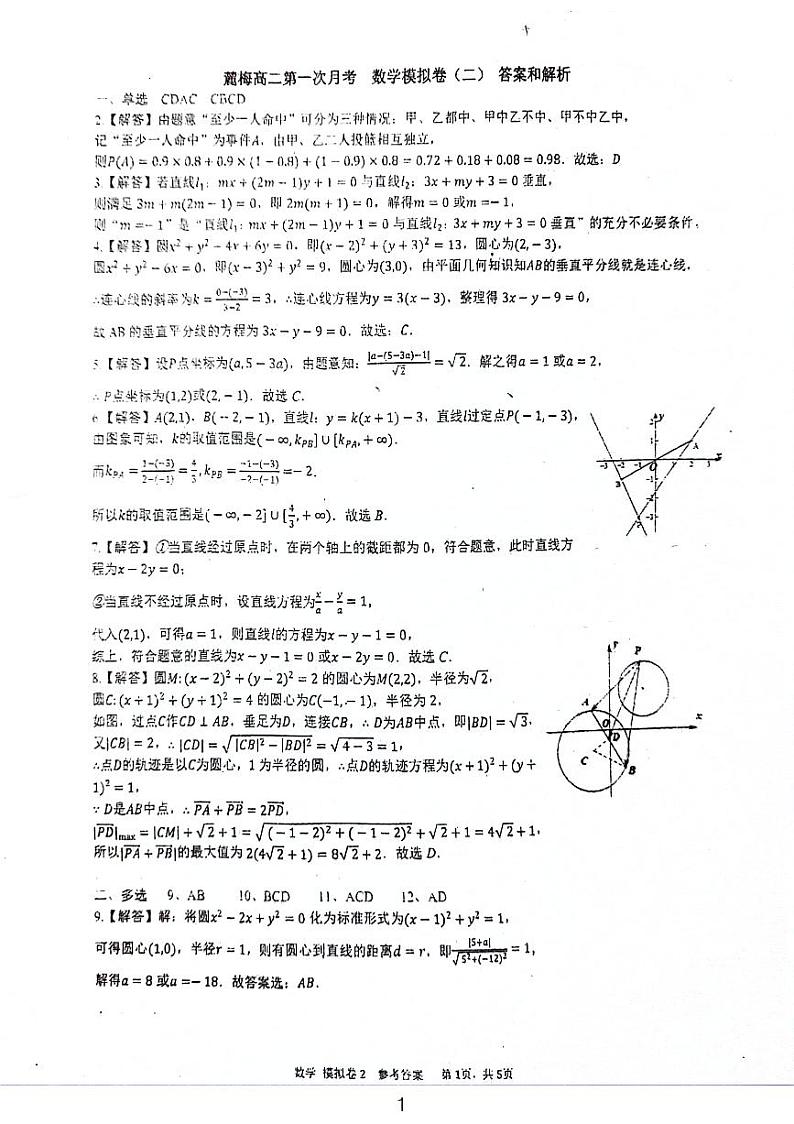 2023麓山梅溪湖高二第一次月考数学模拟试卷二参考答案第1页