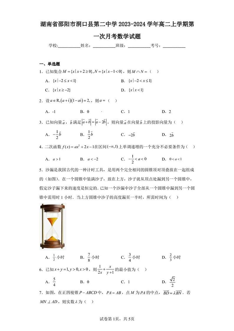 湖南省邵阳市洞口县第二中学2023-2024学年高二上学期第一次月考数学试题01