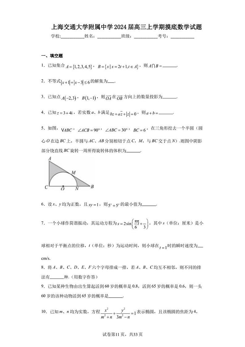 上海交通大学附属中学2024届高三上学期摸底数学试题01