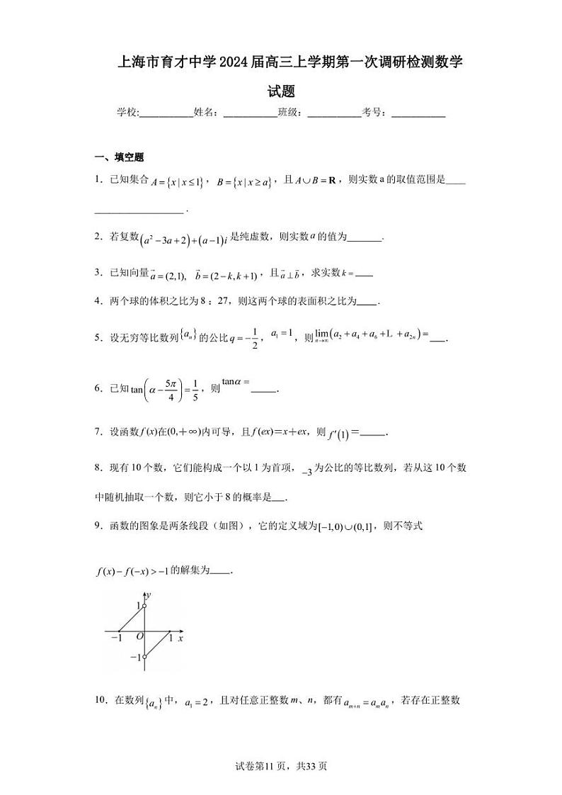 上海市育才中学2024届高三上学期第一次调研检测数学试题第1页