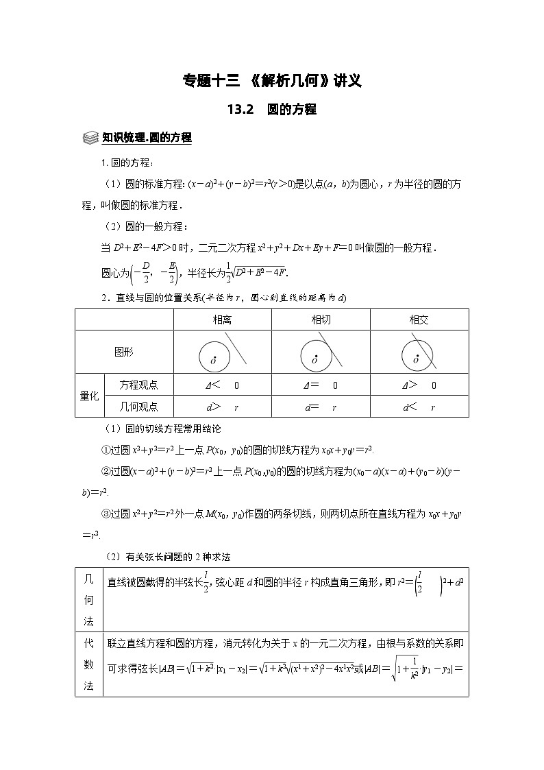 新高考数学一轮复习题型归纳讲义专题13解析几何 13.2圆的方程（含解析）第1页