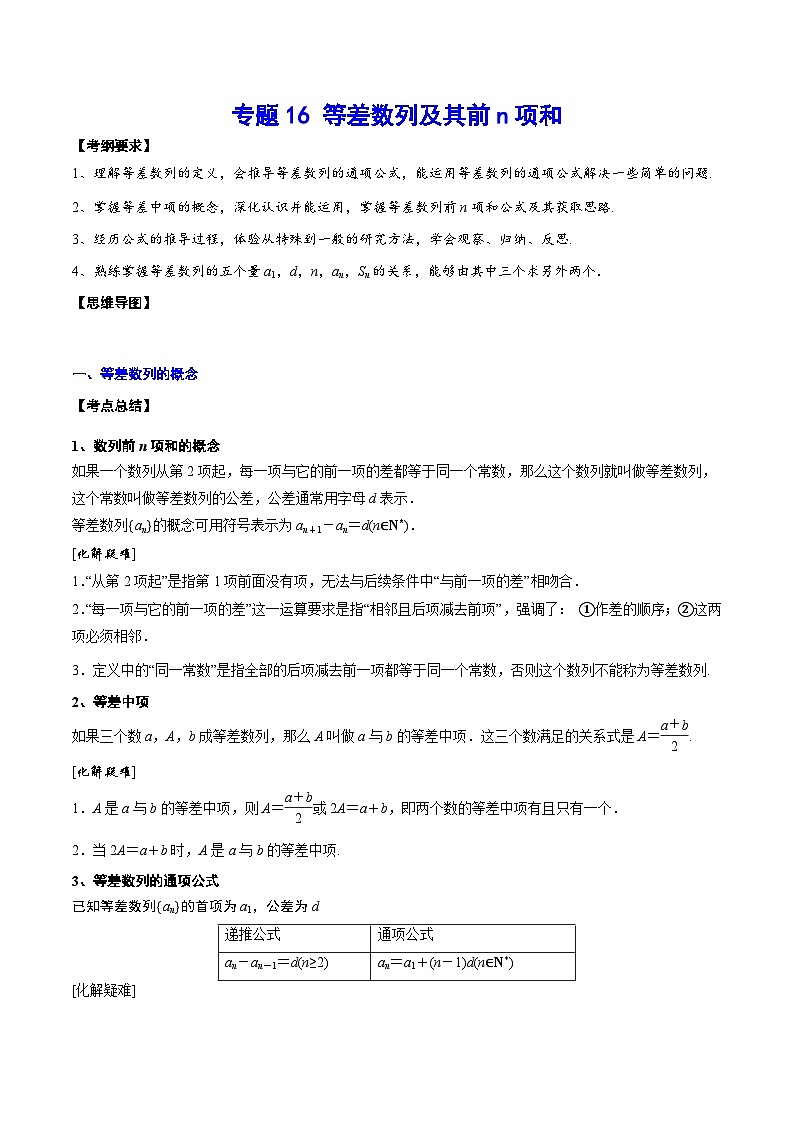 新高考数学一轮复习知识点总结与题型精练专题16 等差数列及其前n项和（含解析）01