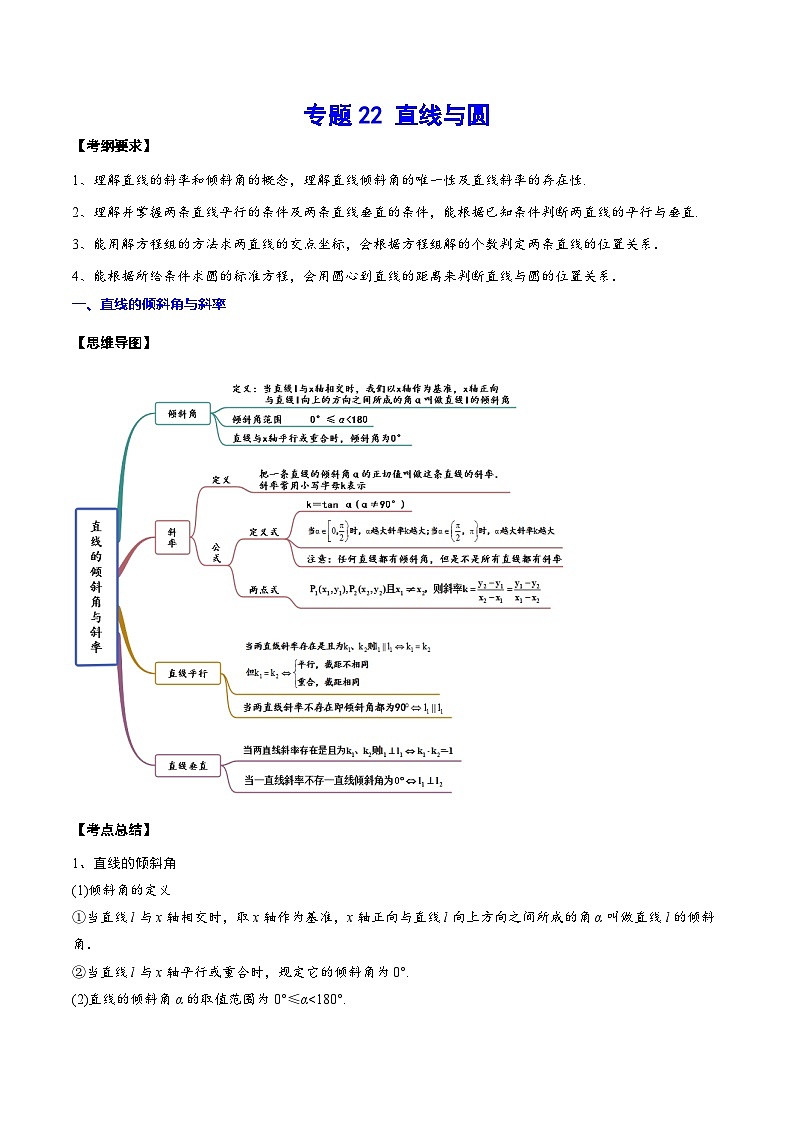 新高考数学一轮复习知识点总结与题型精练专题22 直线与圆（含解析）01