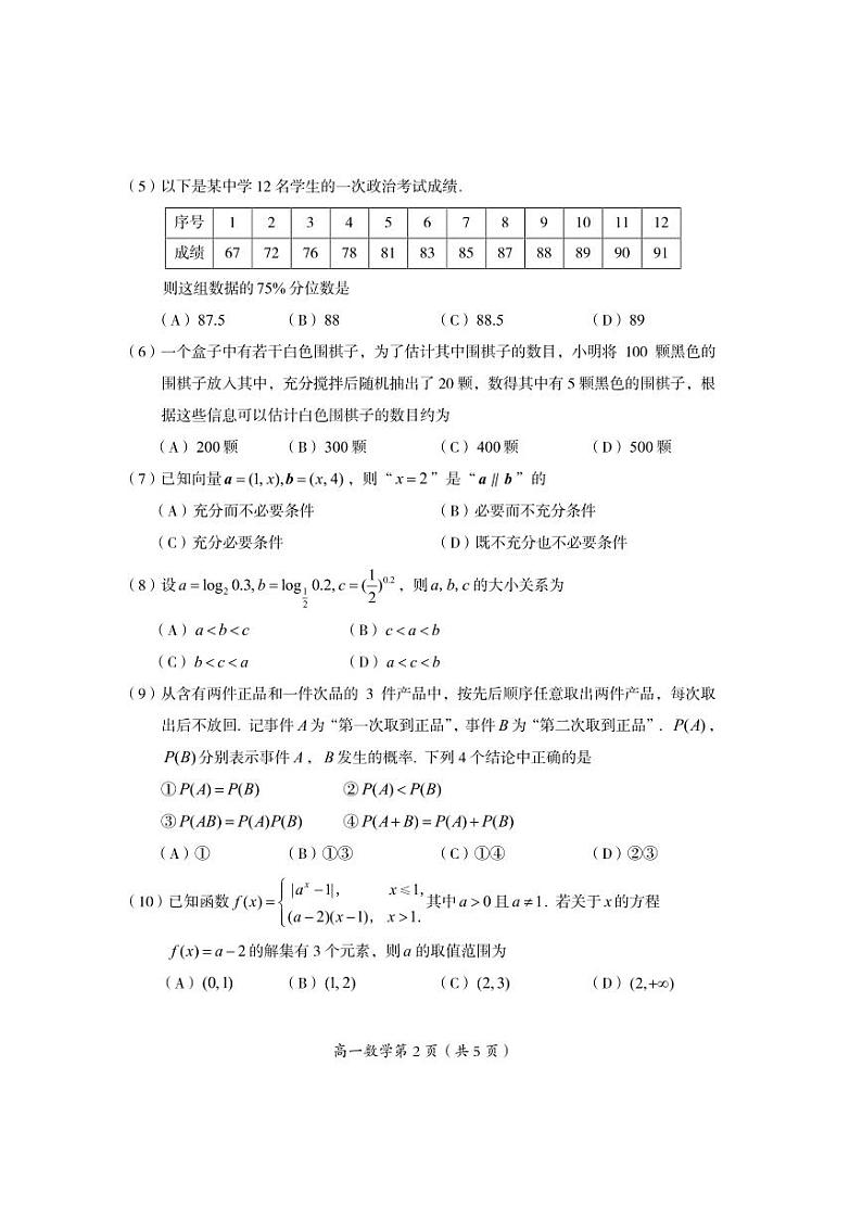 2023.1房山区期末高一数学试卷第2页