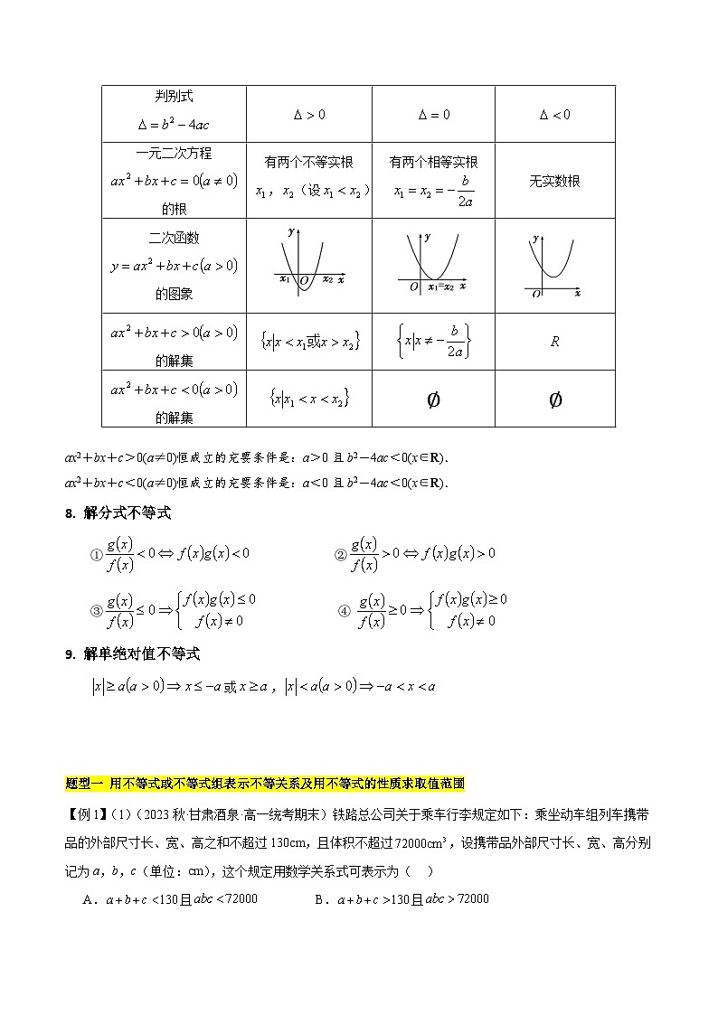 【期中知识点归纳】人教A版2019 高一数学 必修1  第二章 一元二次函数、方程和不等式（知识归纳  题型突破）试卷03