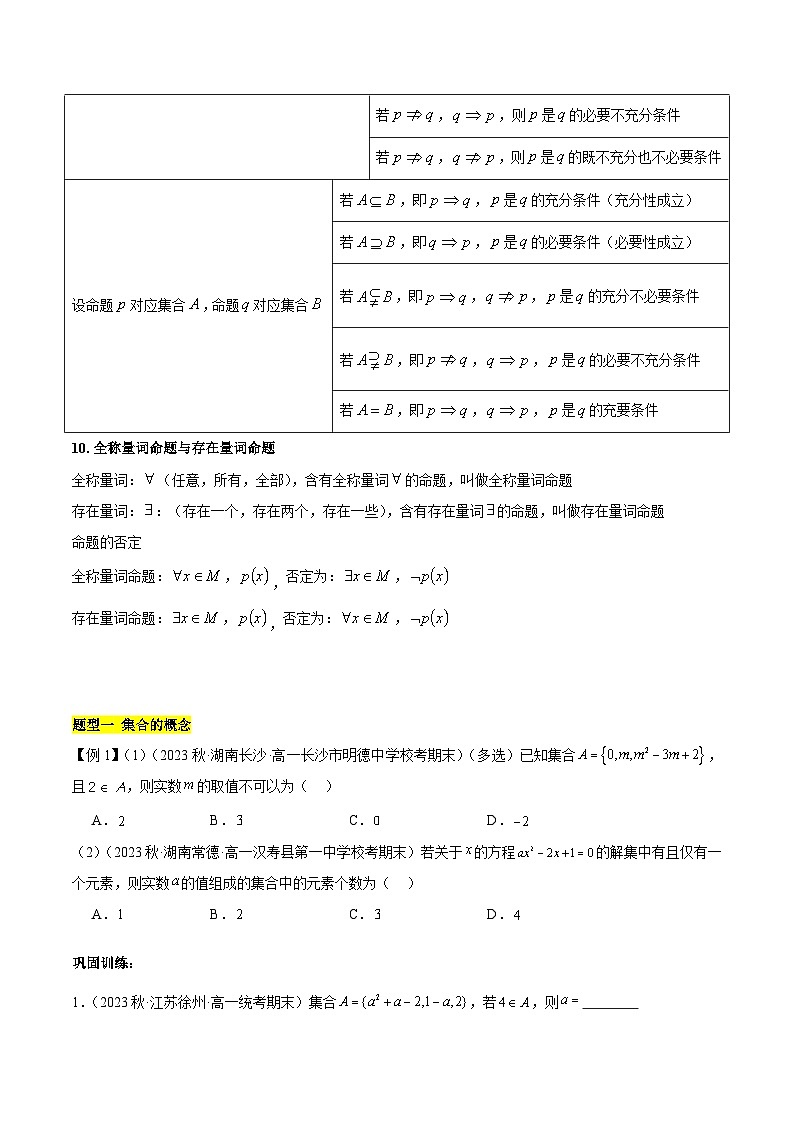 【期中知识点归纳】人教A版2019 2023-2024学年高一数学 必修1  第一章 集合与常用逻辑用语（知识归纳 +题型突破）（原卷版）第3页