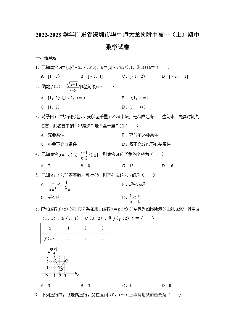 广东省深圳市华中师范大学龙岗附属中学2022-2023学年高一上学期期中数学试卷第1页