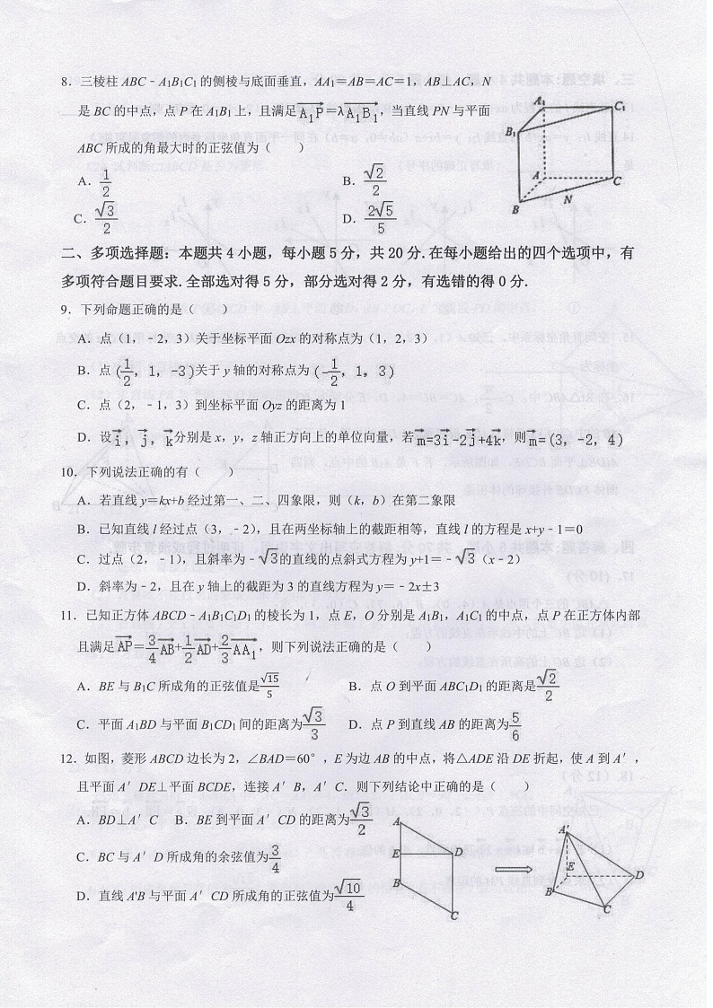山东省泰安第二中学2023-2024学年高二上学期10月月考数学试题第2页
