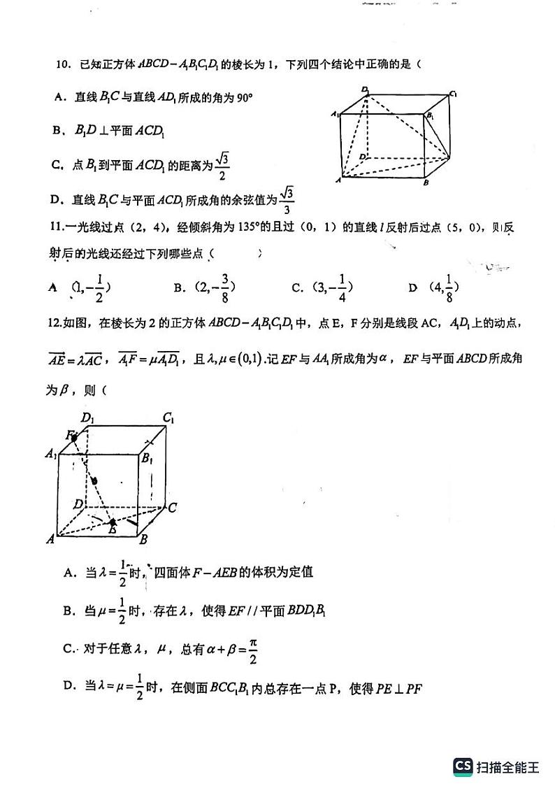 2024山东省实验中学高二上学期10月月考试题数学PDF版含解析03