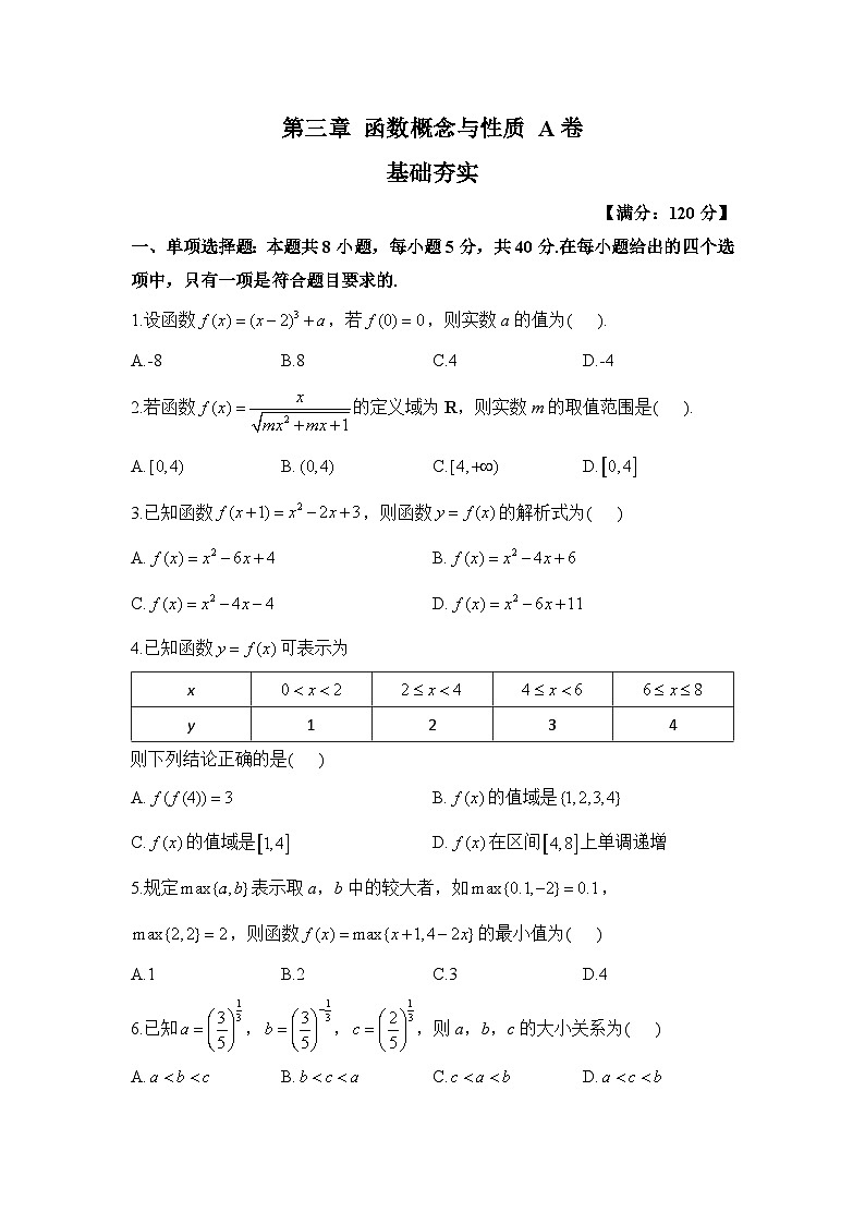 高一数学人教A版（2019）必修第一册单元检测卷 第三章 函数概念与性质 A卷 基础夯实第1页